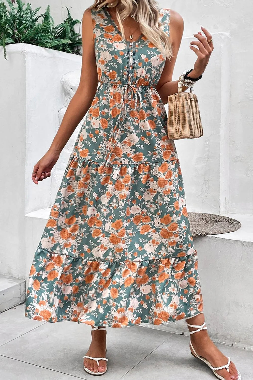 Floral Print Trimmed V Neck Tie Waist Sleeveless Dress b62db2af-2206-41fe-9791-b66e27b8733f-Max-Origin