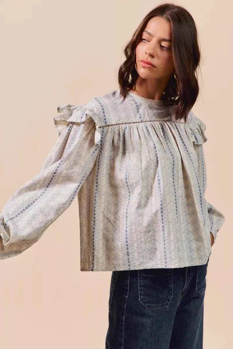SO ME Floral Cotton Print Ruffled Long Sleeve Blouse b6332d9eec374edd93dd34ca9414e73d-Max-Origin