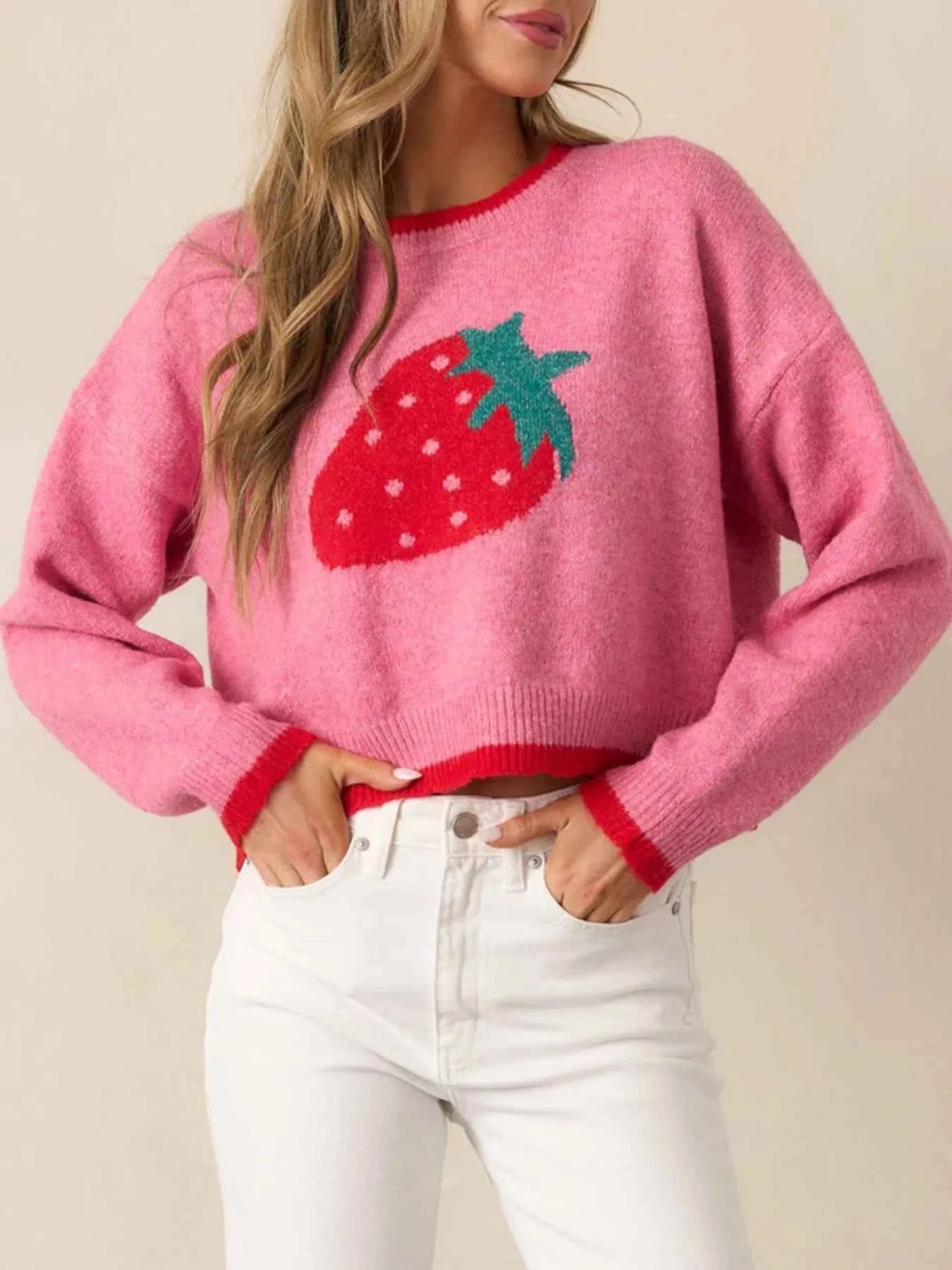 Strawberry Round Neck Long Sleeve Sweater b66d9f13d4a44ad3afb34c27d0eab6e3-Max-Origin