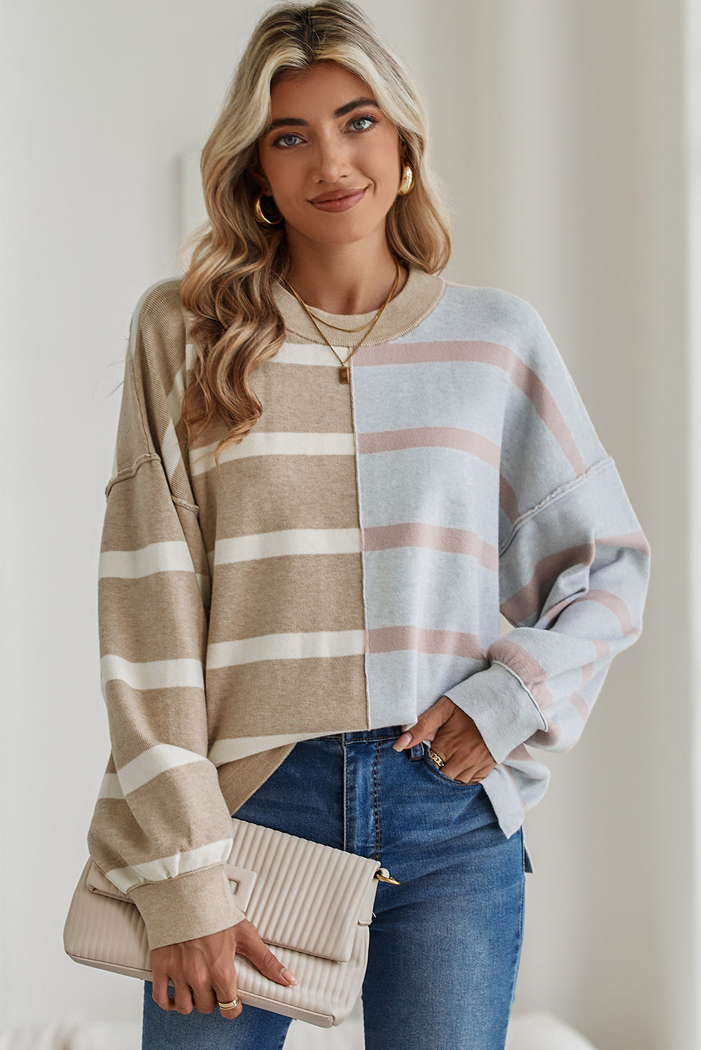 Blue Stripe Exposed Seam Patchwork Loose Sweatshirts b67bb00f69f44fda
