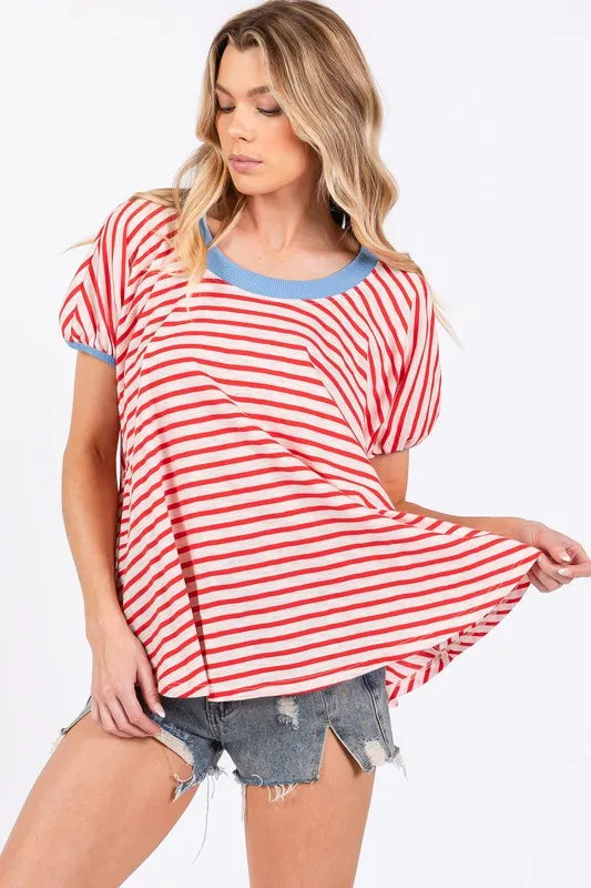 Ces Femme Striped Round Neck Short Sleeve T-Shirt b67c4a7e-0951-47bd-8b0f-17ff2cffcb5a-Max