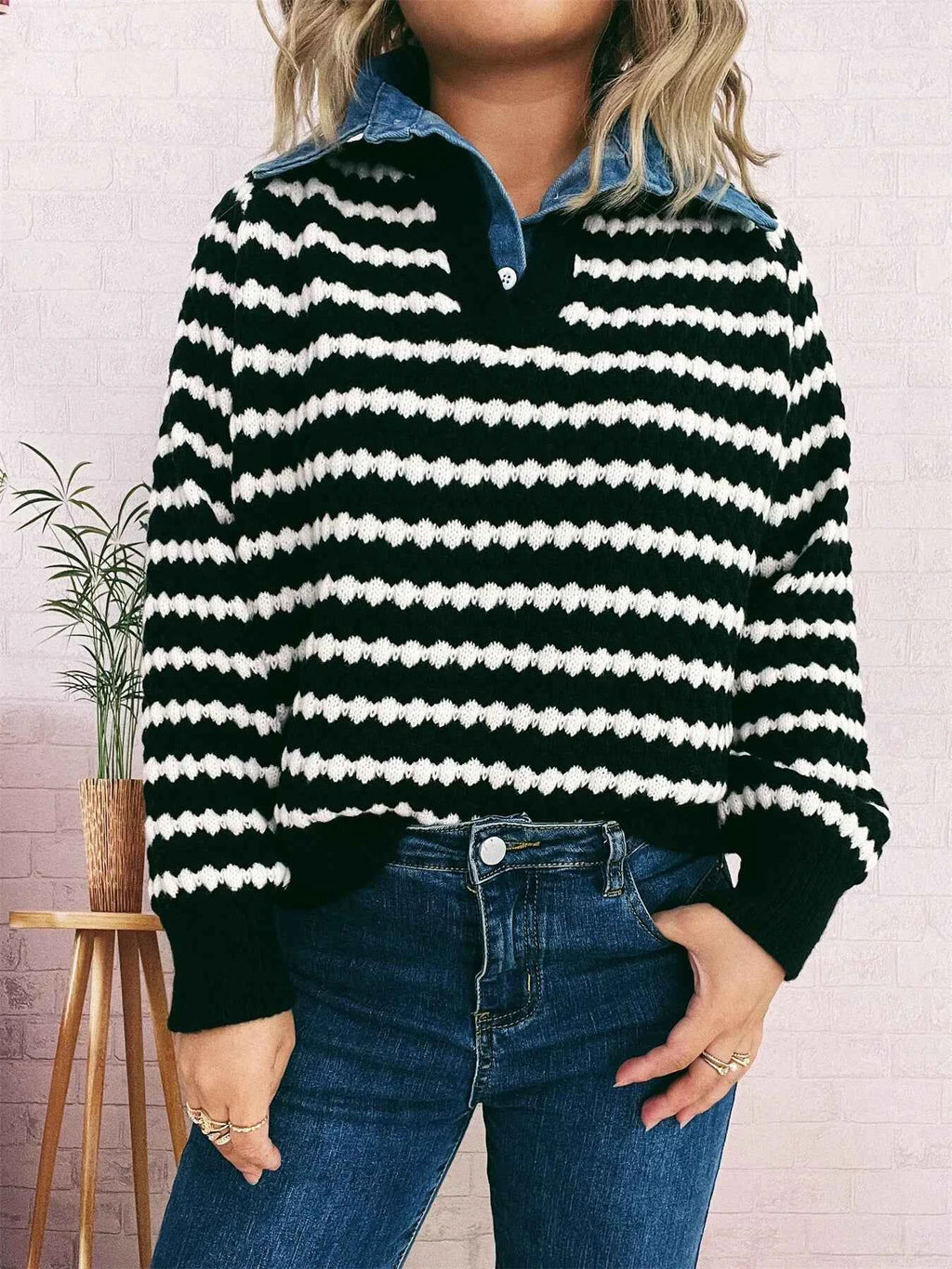 Contrast Striped Sweater with Denim Collar Black One Size b68124c6bf914989a893dd2f6bfbb98c-Max-Origin