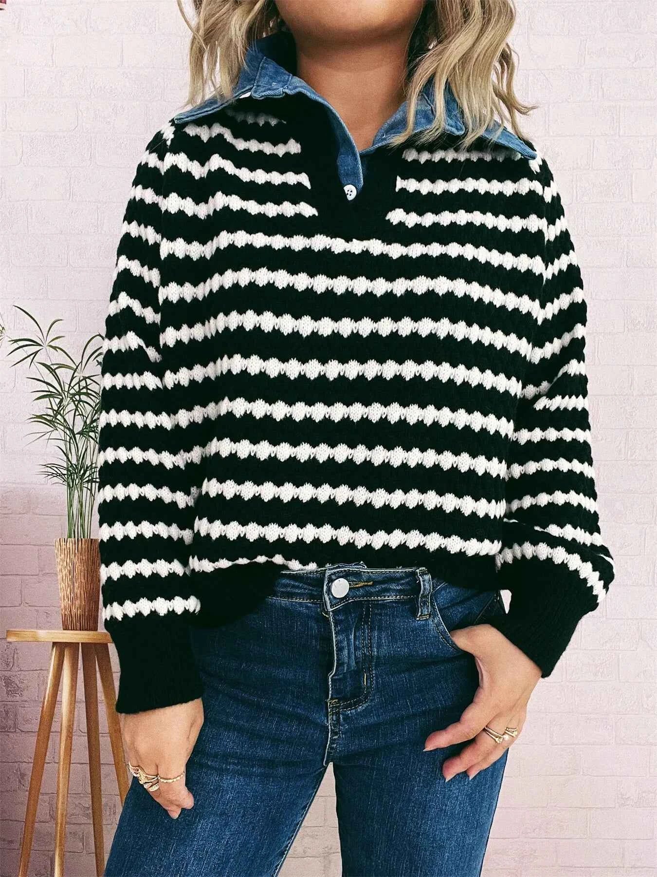 Contrast Striped Sweater with Denim Collar Black One Size b68124c6bf914989a893dd2f6bfbb98c-Max-Origin