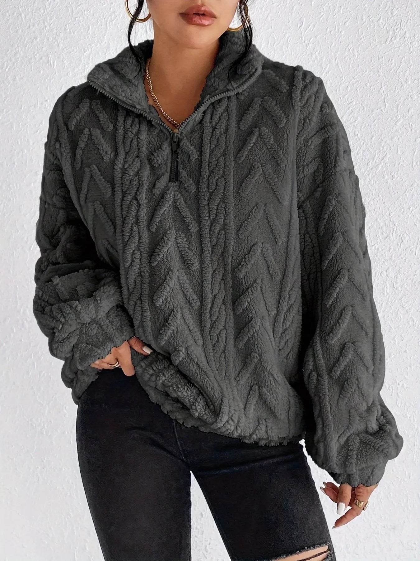 Quarter Zip Dropped Shoulder Sherpa Sweatshirt b6ab2f2e18024b33a1223566d56896eb-Max-Origin