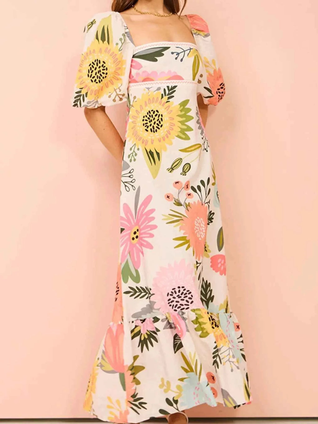 Floral Square Neck Puff Sleeve Maxi Dress with Ruffle Hem b6b169ce121045f388da215e83135057-Max-Origin