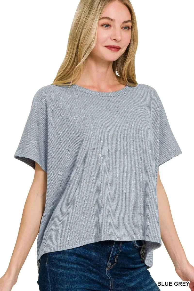 Zenana Ribbed Round-Neck Short-Sleeve Knit Top BLUE GREY b6c2473bd20440c8ba326816b22b9cf7-Max-Origin