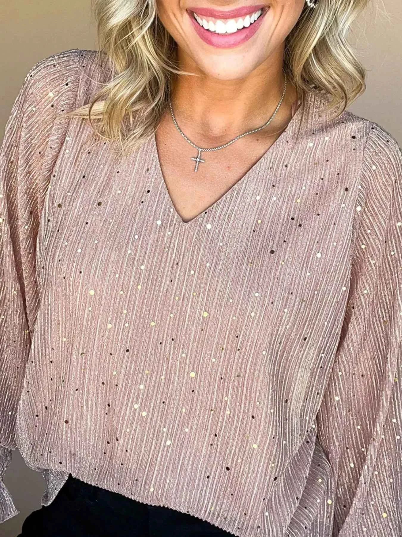 Sequin V-Neck Flounce Sleeve Blouse b6f6838c-195d-451c-93f6-2032df0f9252-Max-Origin