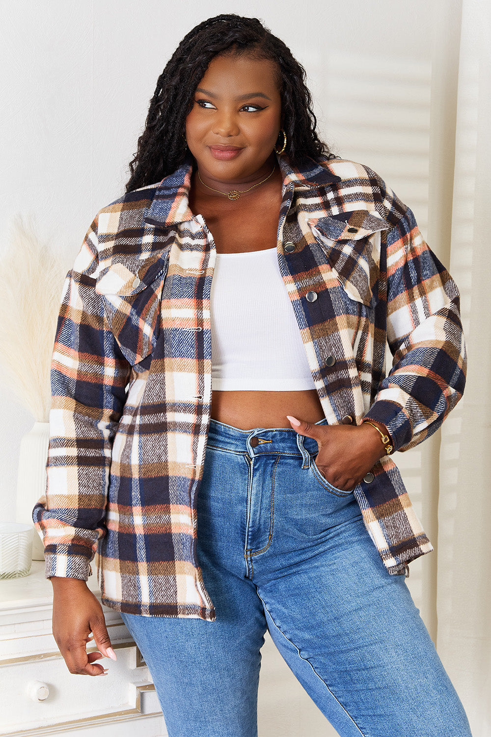 Double Take Plaid Button Front Shirt Jacket with Breast Pockets b6f6cffd574547a9948c41415765e722-Max