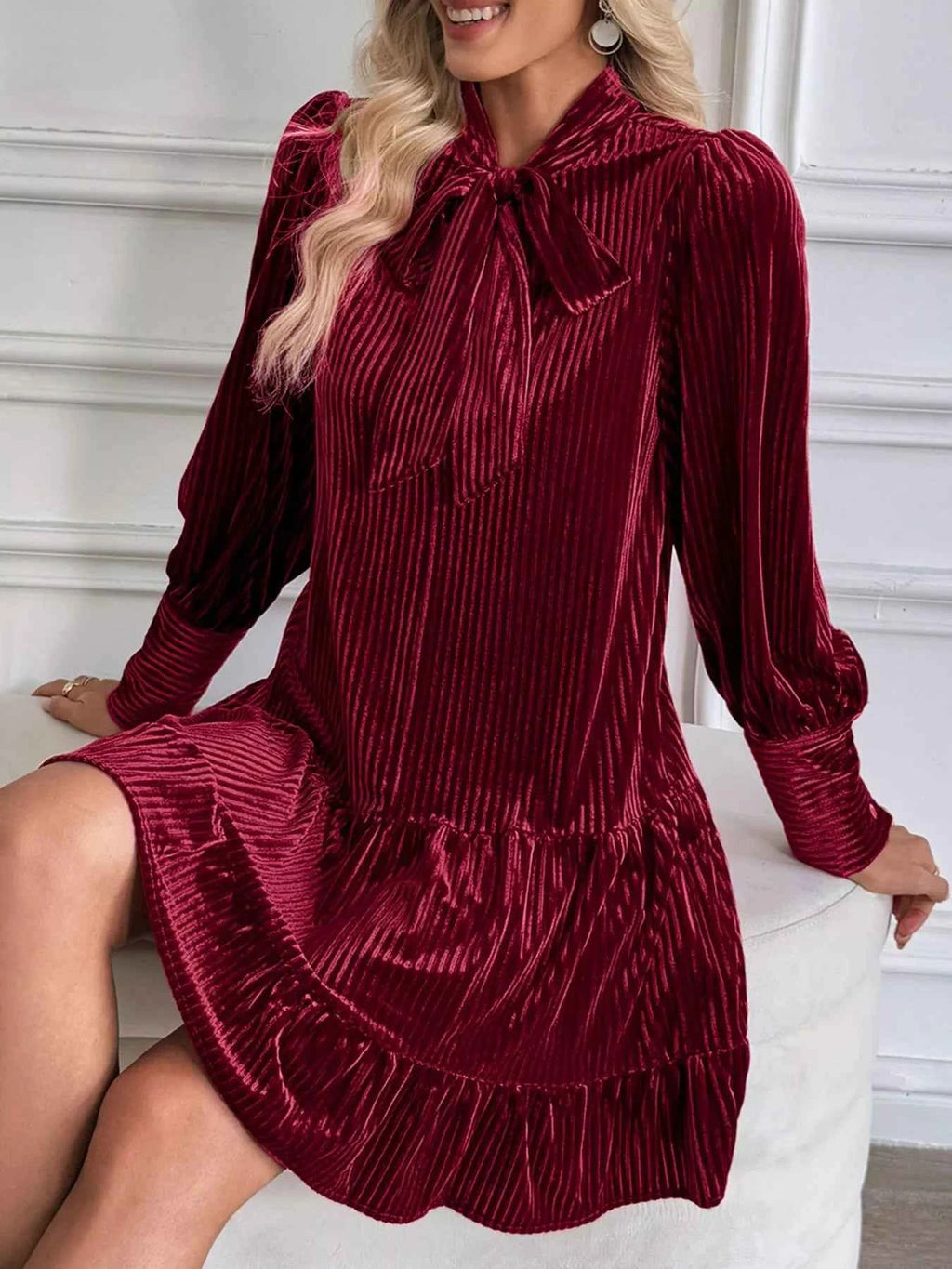 Velvet Tie Front Tiered Mini Dress b7068102-8d7e-451e-8889-47170bf74bac-Max-Origin