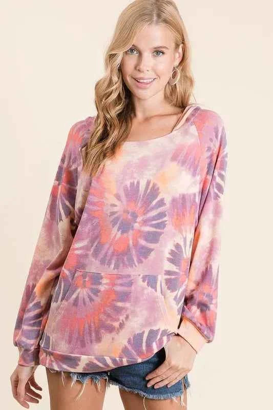 BiBi Circular Tie Dye Print Terry Hoodie with Kangaroo b71b7d3997bc405da6a6e966e5007c8e-Max-Origin