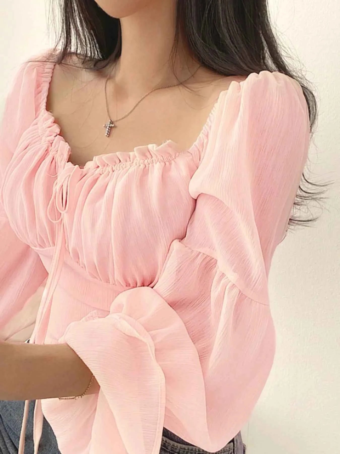 Tie Front Flounce Sleeve Blouse b721b76814c444739120cb0b6fd7cc13-Max-Origin