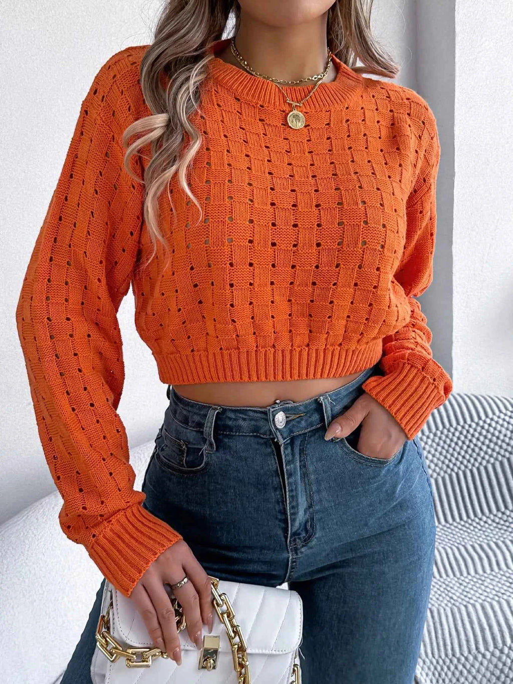 Cutout Back Openwork Round Neck Long Sleeve Sweater b73aafbe-c3f1-4103-8bda-81fa151b2bcd-Max-Origin