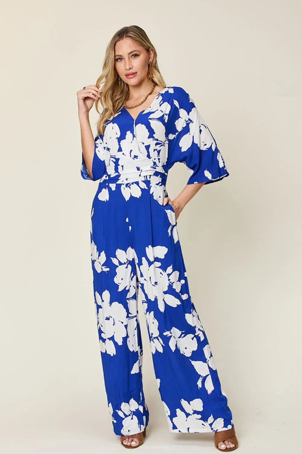 Double Take Full Size Printed Tie Back Wide Leg Jumpsuit Royal Blue b73bdb4a-96e5-4b48-8ae5-f3954bc463d1-Max
