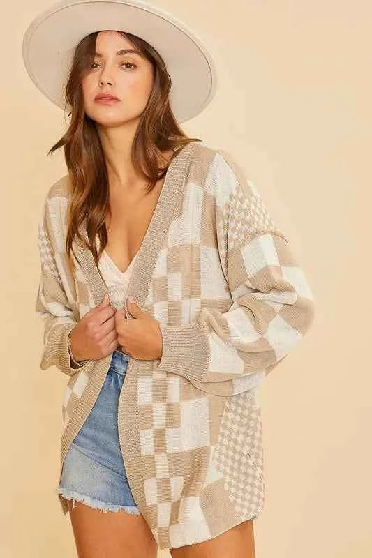 Annie Wear Checkered Open Front Drop Shoulder Cardigan Tan b7408acf-1b44-4fde-ac21-a03ddec887e9-Max