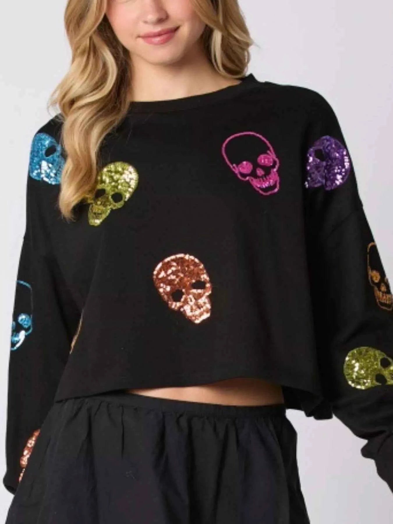 Sequin Skull Long Sleeve Sweatshirt Black b74f3a11-512c-4633-a268-9e3dc6a214a4-Max-Origin
