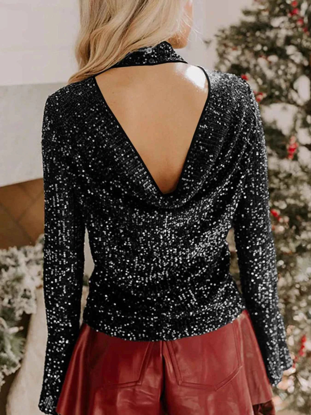 Sequin Mock Neck Drape Open Back Bell Sleeve Top b750857f-32f4-4e5b-9898-d4cb833cd358-Max-Origin