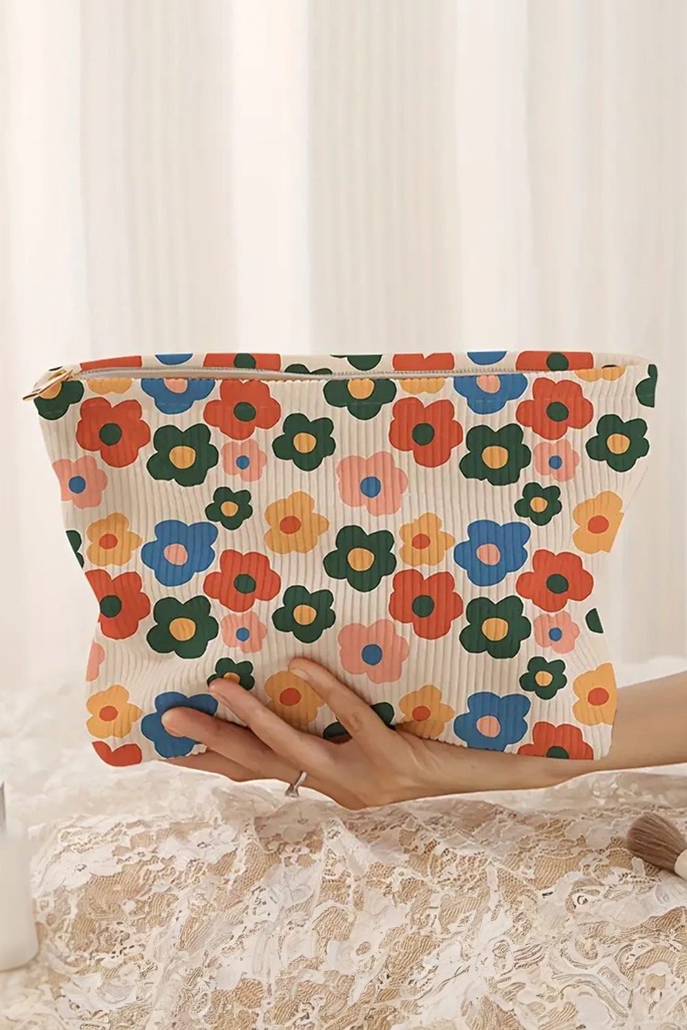 Red Colorful Flower Printed Rib Textured Cosmetic Bag Red ONE SIZE b758fd098e54ca60