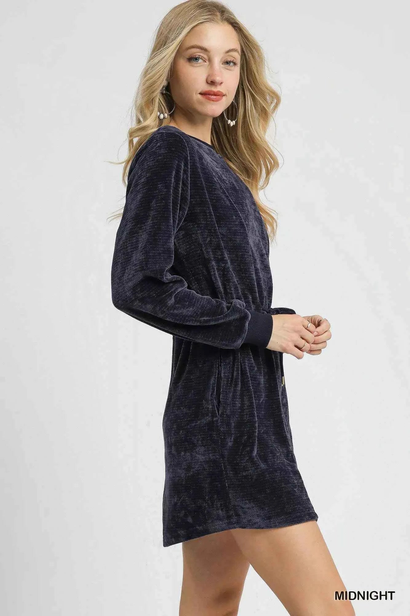 Umgee Velour Drawstring Mini Dress with Long Sleeves b75f2e07-090b-497b-8bb8-6228123981ac-Max-Origin