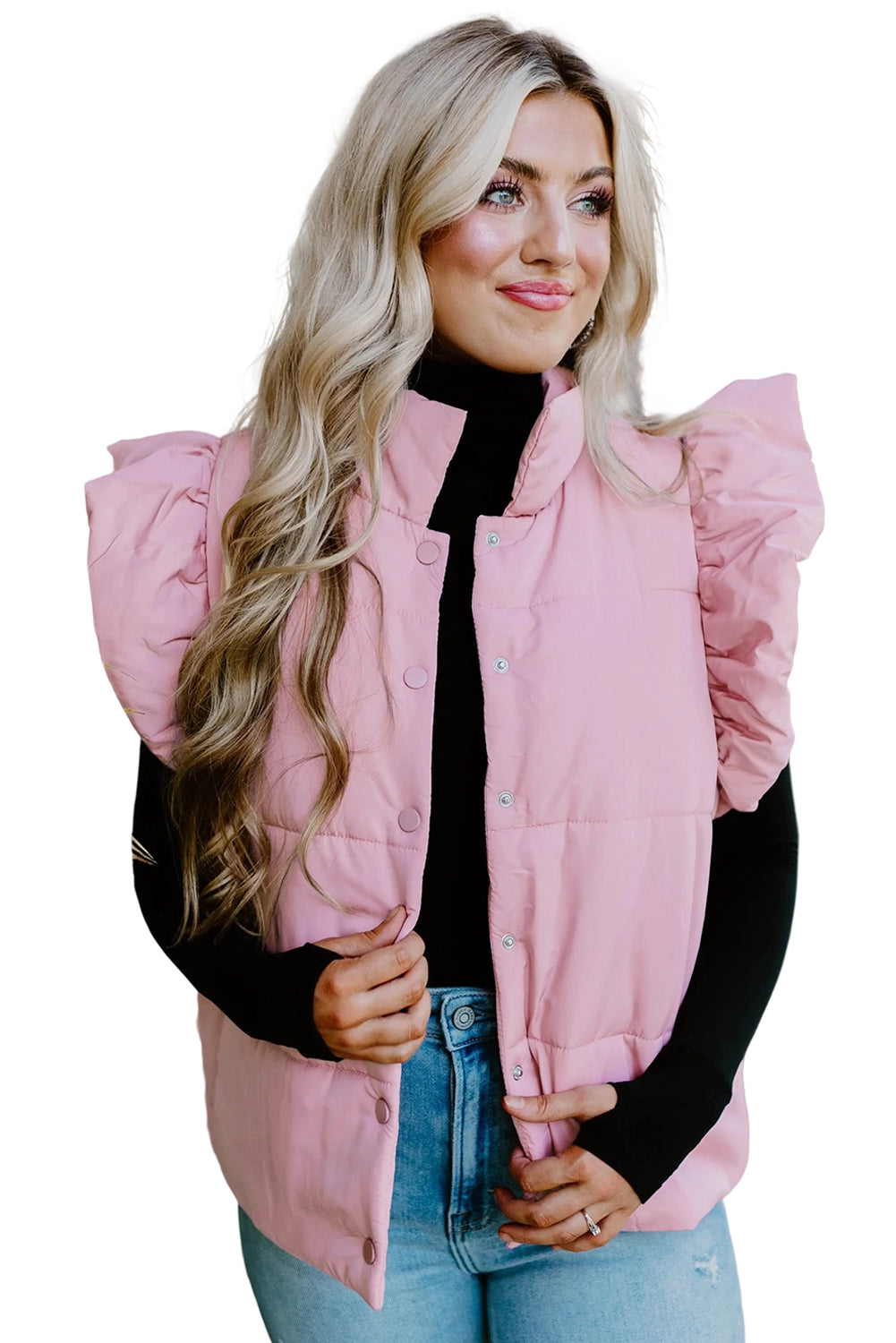 Pink Stand Neck Flutter Sleeve Snap Button Puffer Vest Pink Shell:100%Polyester+Lining:100%Polyester+Filling:100%Polyester b760ea0697ccbcb2
