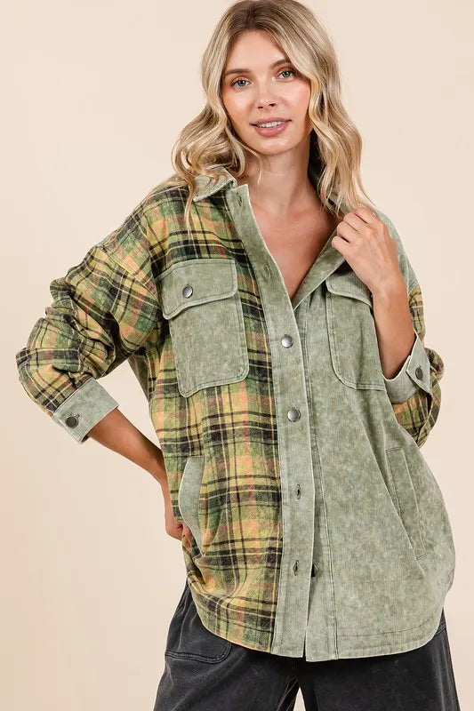 Mittoshop Plaid Button Down Drop Shoulder Jacket Olive b77a478b-d68c-480e-83bc-a9459ca5351e-Max
