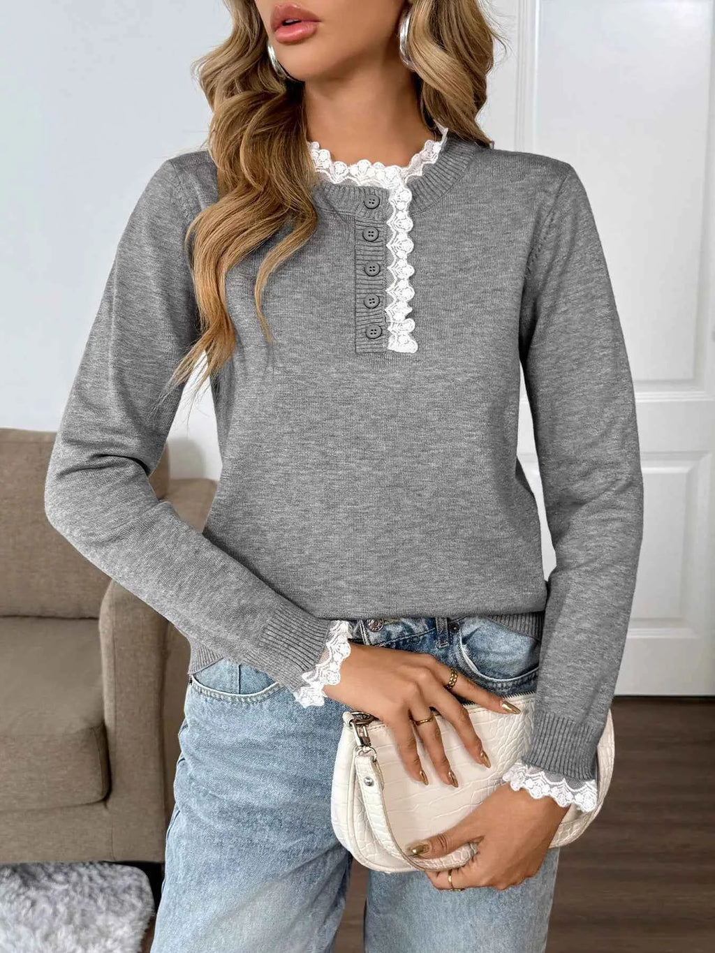 Lace Trim Button Detail Long Sleeve Knit Top b77e56bc53f64e0bbe60bde948276ba5-Max-Origin