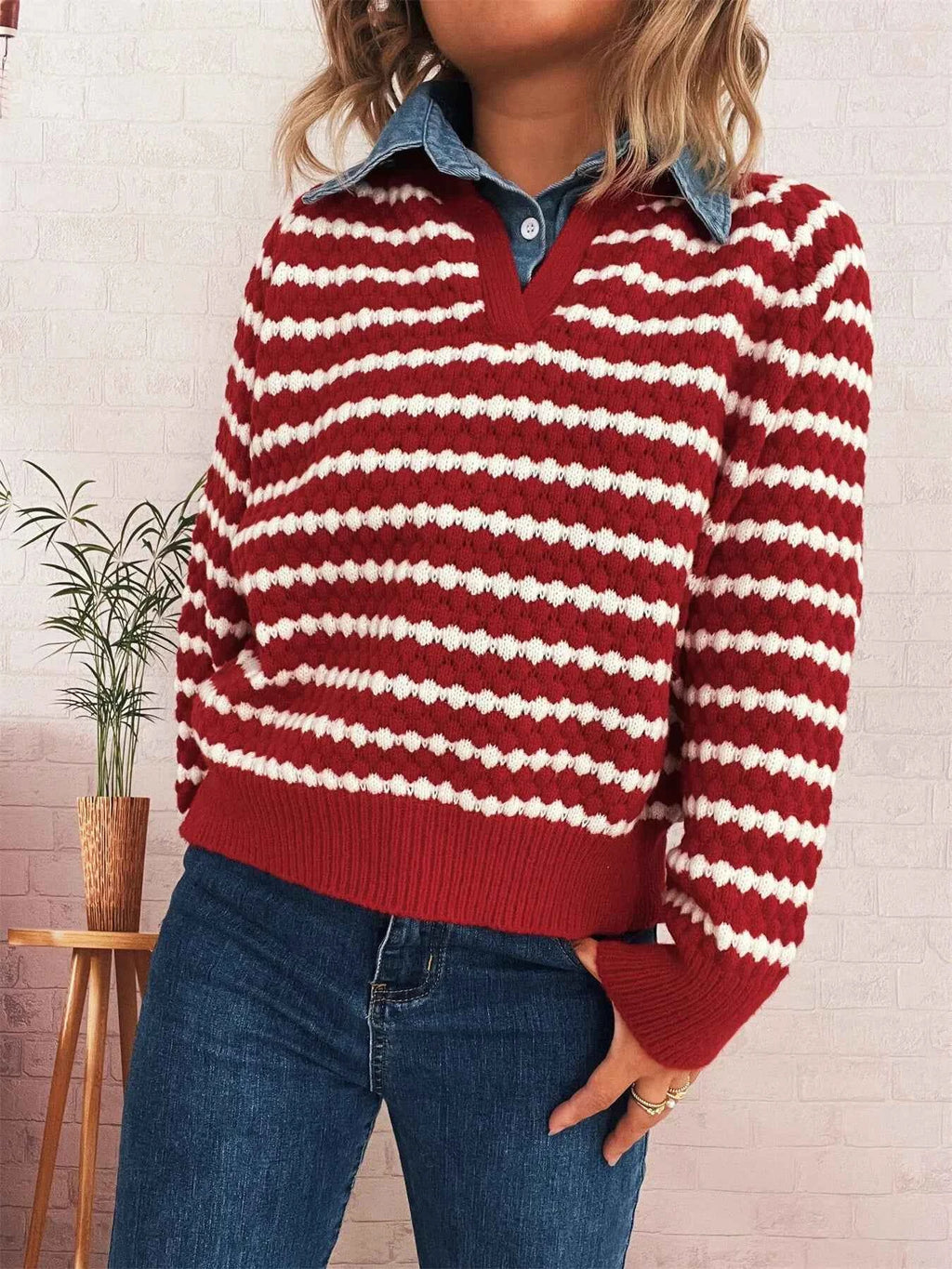 Contrast Striped Sweater with Denim Collar b79b40f055b04dcfa7f40b78e688fc09-Max-Origin