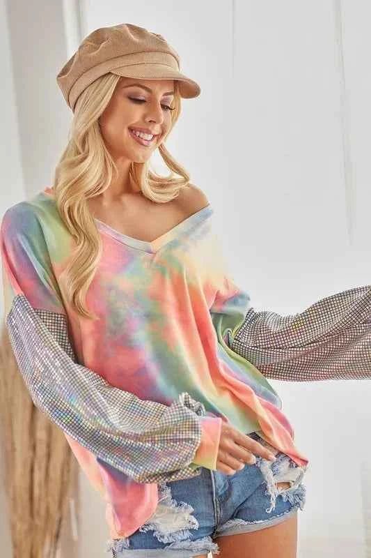 BiBi V Neck Tie Dye French Terry Top with Shiny b79d77ac08b4410ba3a80c6eb61f0048-Max-Origin
