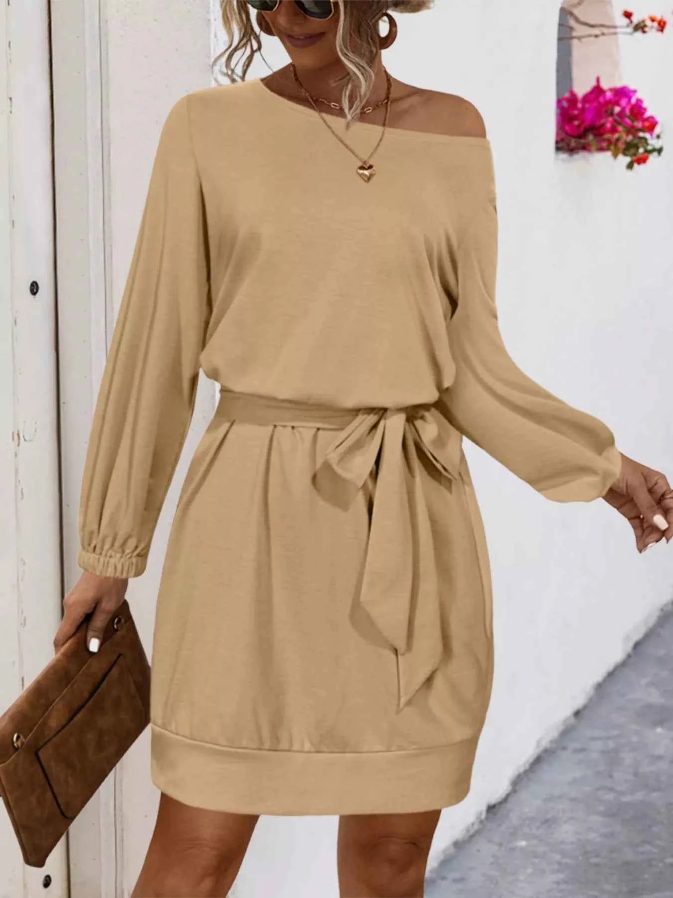 One Shoulder Tie Waist Dress Khaki b7a627ad-0659-47ff-87f3-76d90724bc04-Max-Origin