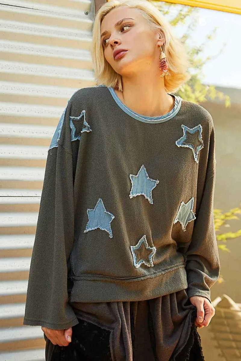 POL Exposed Seam Relaxed Fit Sweater with Star Denim Patch CHARCOAL b7a65bd6-b4dd-432d-aa8a-5fcb8af7c0b8-Max-Origin