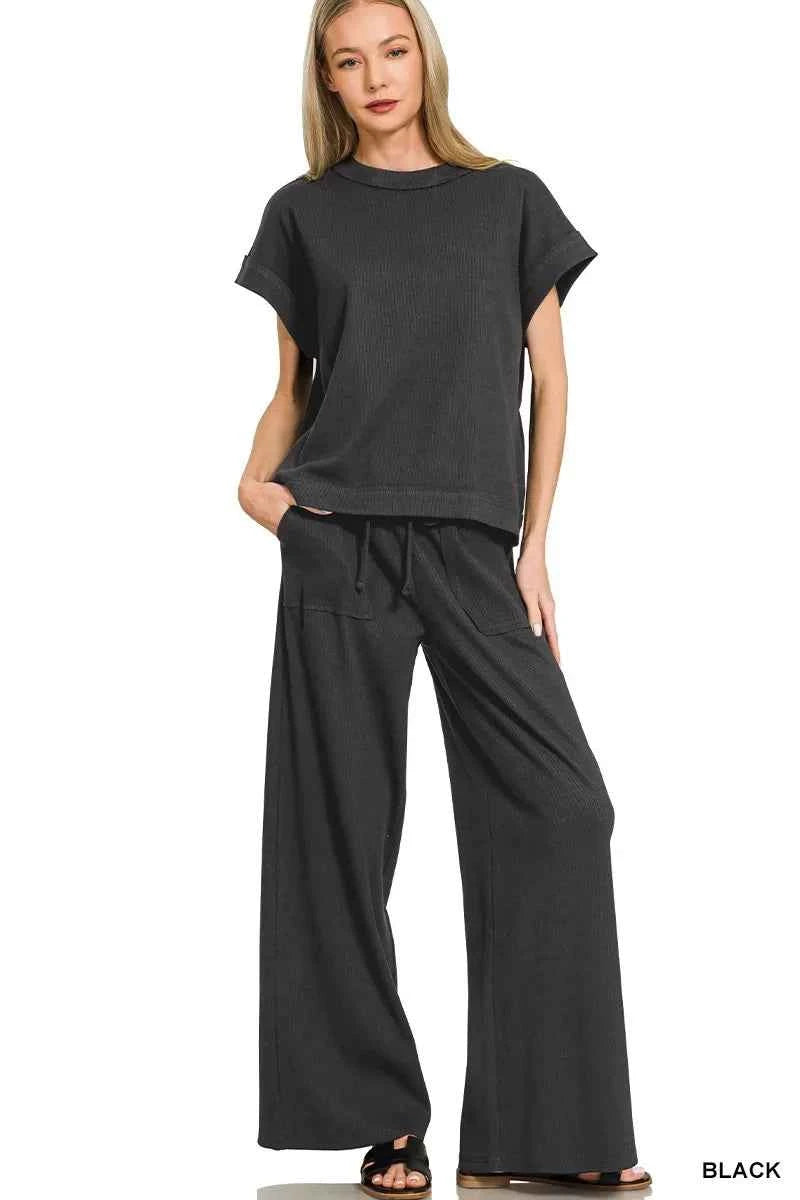 Zenana Ribbed Short Sleeve Tee and Pants Set BLACK b7ad3c8d1ebc4a688cc64f408c1452c6-Max-Origin