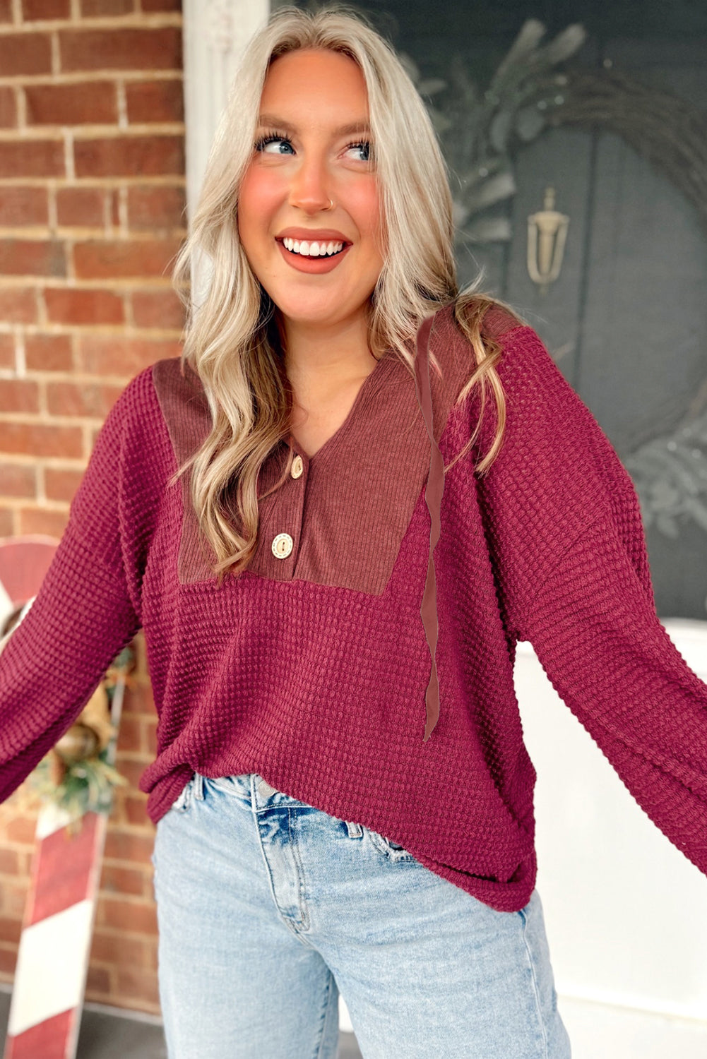 Racing Red Waffle Patchwork Drop Shoulder Hooded Long Sleeve Top b7c7191cb8b96c0c