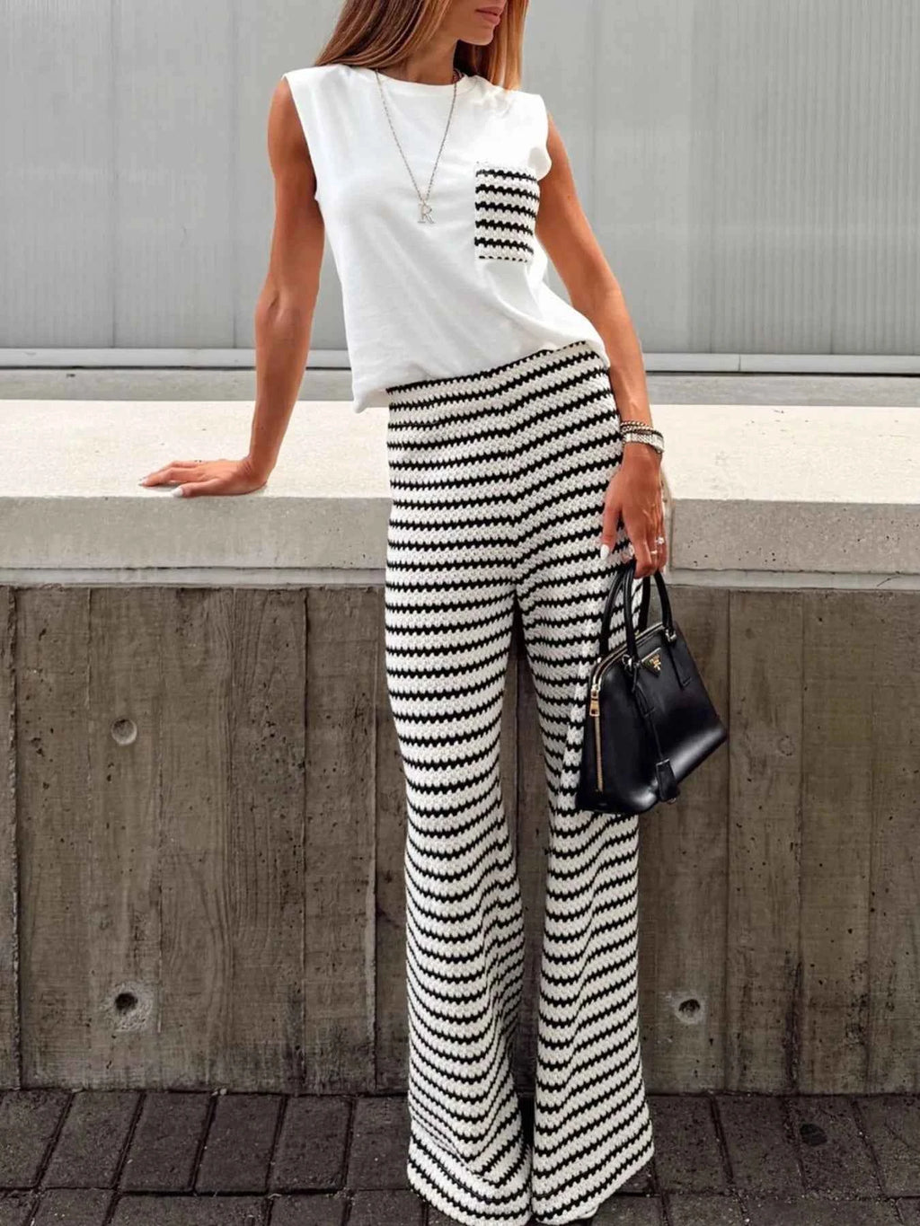 Round Neck Sleeveless Top and Striped Pants Set Black b7ccf735-9bf8-4346-9270-8f4910734858-Max-Origin