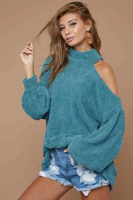 BiBi Belle Sweater Knit Open One Shoulder Turtle Neck TEAL b7dfbc7de4164c8197a744445f01f815-Max-Origin