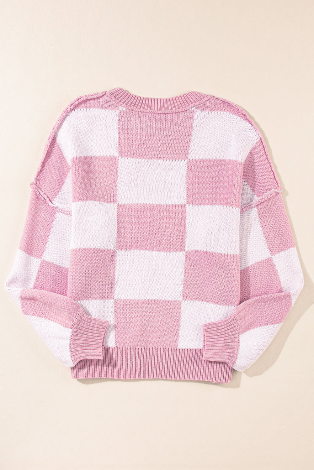 Pink Checked Bishop Sleeve Pullover Sweater b813091d2d2b6b2d