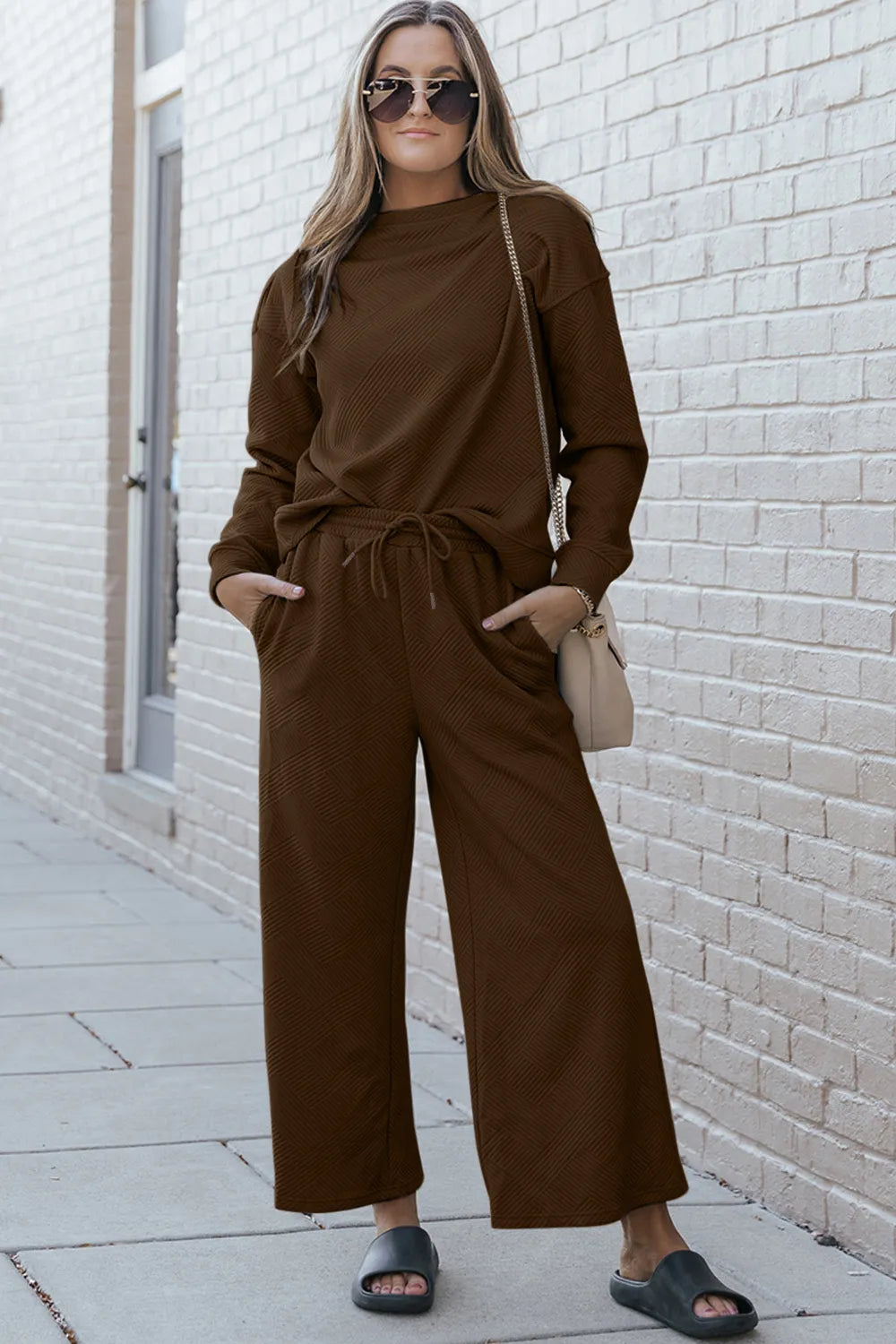 Double Take Full Size Textured Long Sleeve Top and Drawstring Pants Set Brown b8185b8951fd43dc890c0a7eb306b699-Max
