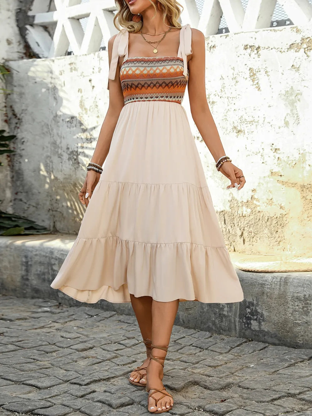 Tie Shoulder Square Neck Tiered Midi Dress b8239b89-e200-407f-8fa4-a73b05451549-Max