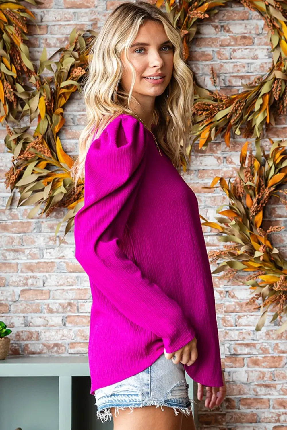 First Love Texture Puff Sleeve Round Neck Blouse b82739ca-cce4-4a5f-be59-648d643b1d4f-Max