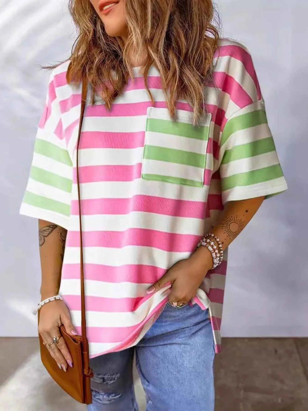 Striped Oversized Short Sleeve T-Shirt Pink b827da4c-31d1-4fd7-83c6-c7ea5e63d352-Max-Origin