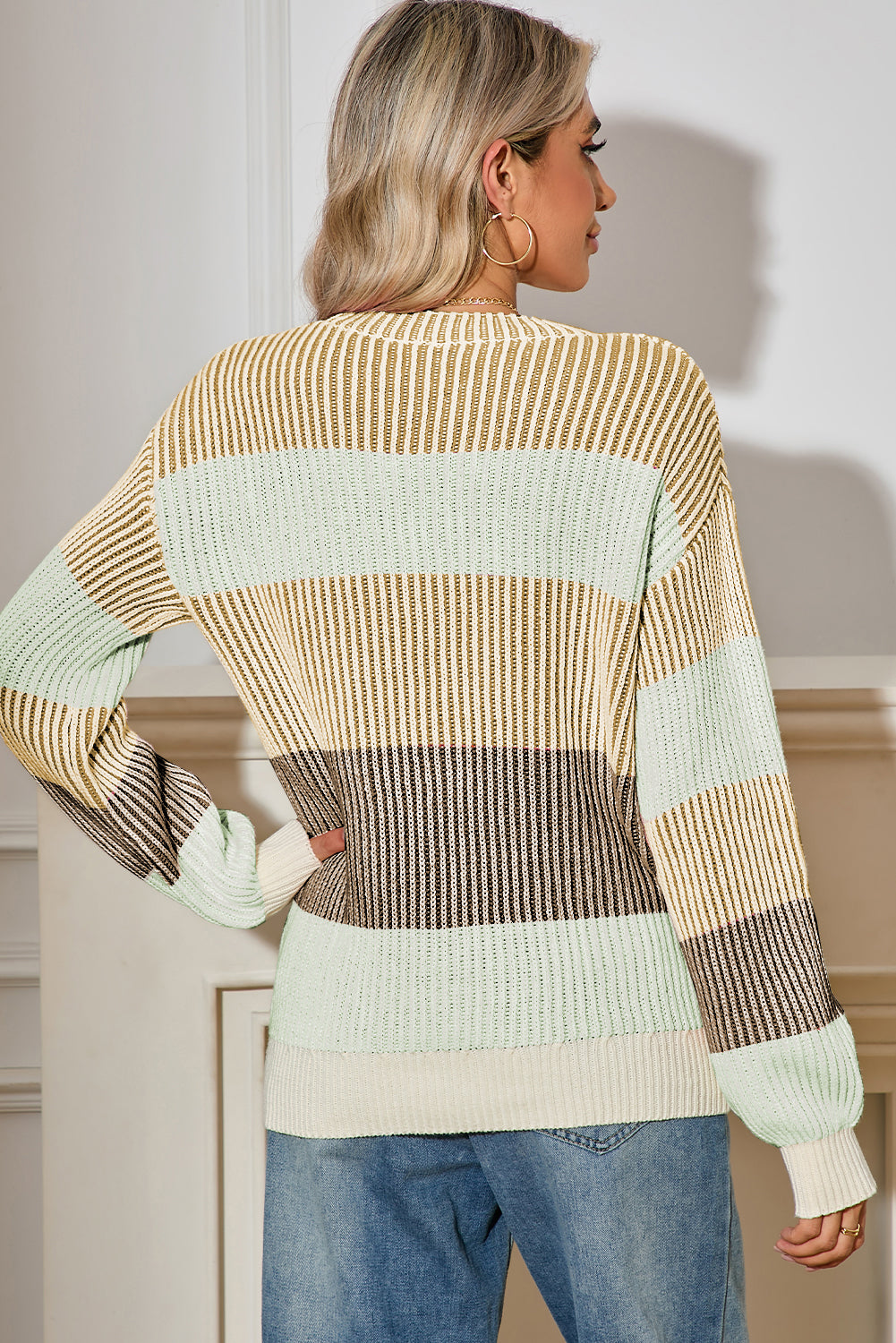Pink Colorblock Lantern Sleeve Rib Knitted Sweater b82aea24fefdf219