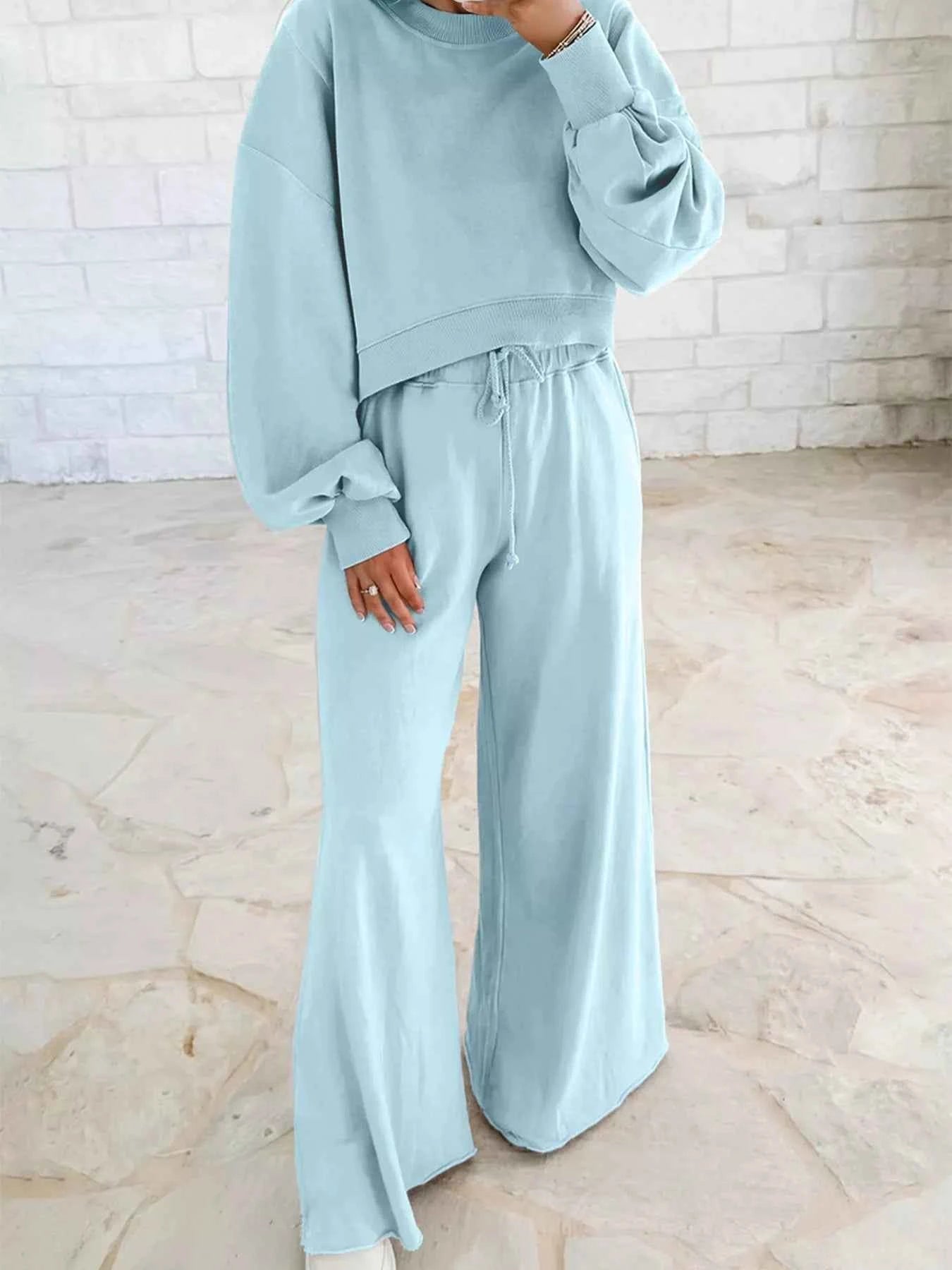 Drop Shoulder Puff Sleeve Crop Top and Drawstring Wide Leg Pants Set Light Blue b8396741da9e43b18fba0f289a895ed7-Max-Origin