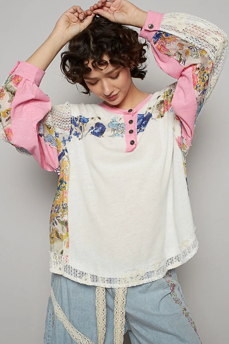 POL Button Detail Floral Patchwork Crochet Sleeve Blouse White