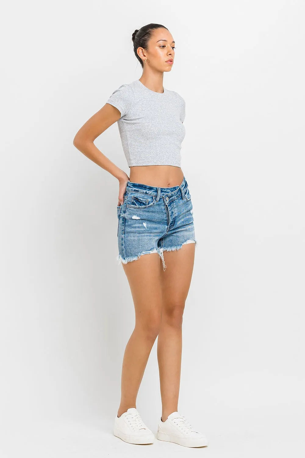 Lovervet Stepped Waist Raw Hem Denim Shorts b8408d43-dc8a-4172-96f9-9d19ea25495d-Max