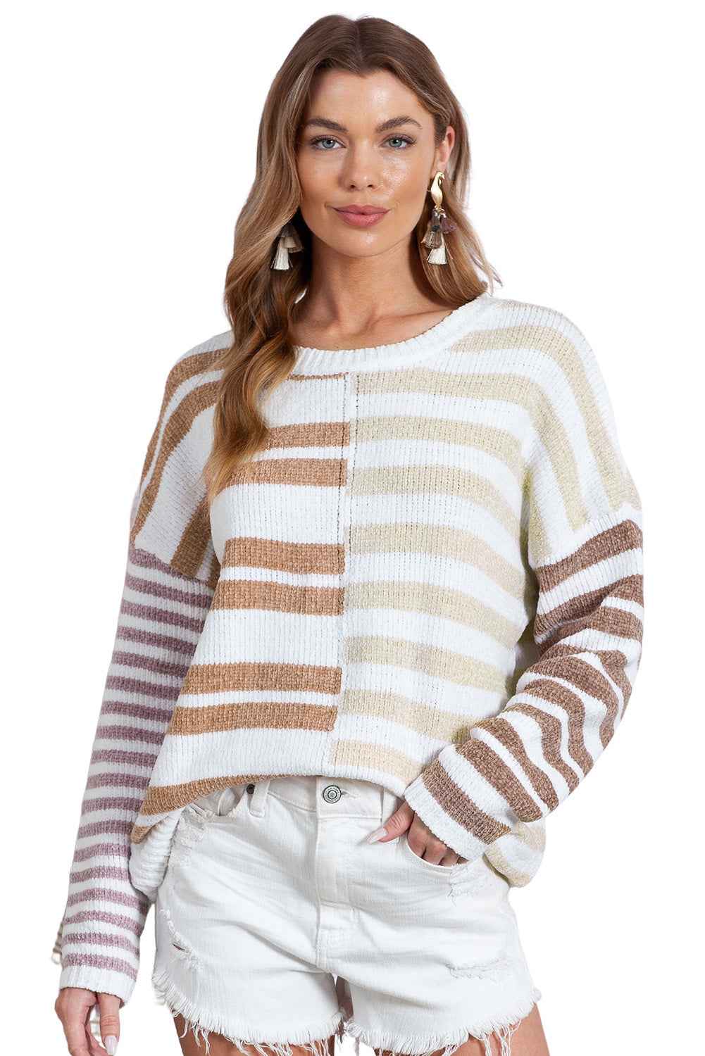 Color Block Drop Shoulder Pullover Striped Sweater Stripe 100%Polyester b8408def5a572c78