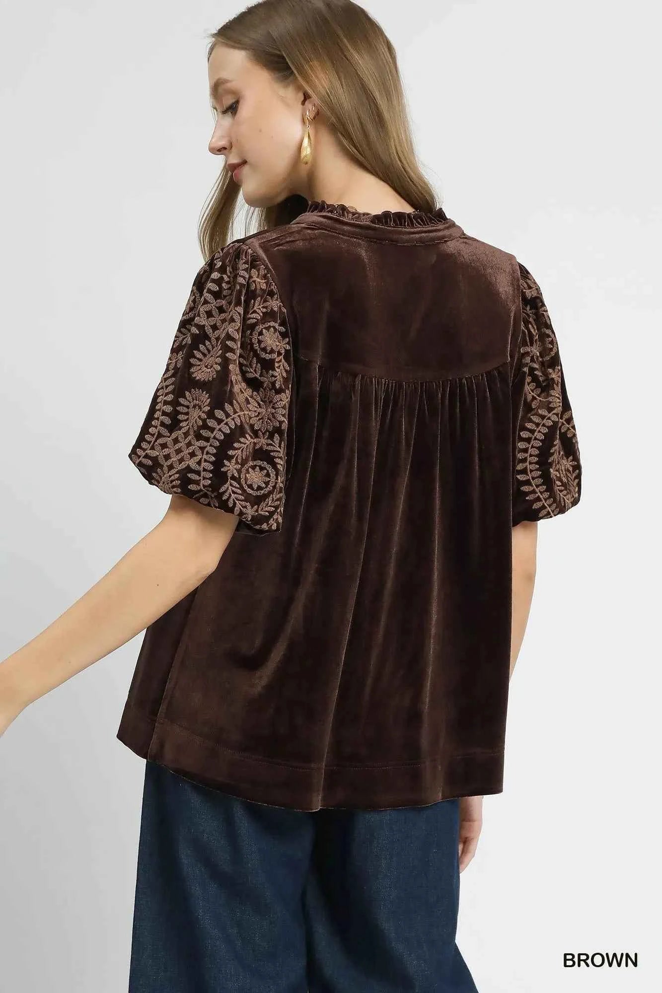 Umgee Full Size Velvet Embroidered Sleeve Blouse Plus Size b8466cd8-6dd7-47fc-a828-c3fde2e3f4cd-Max-Origin
