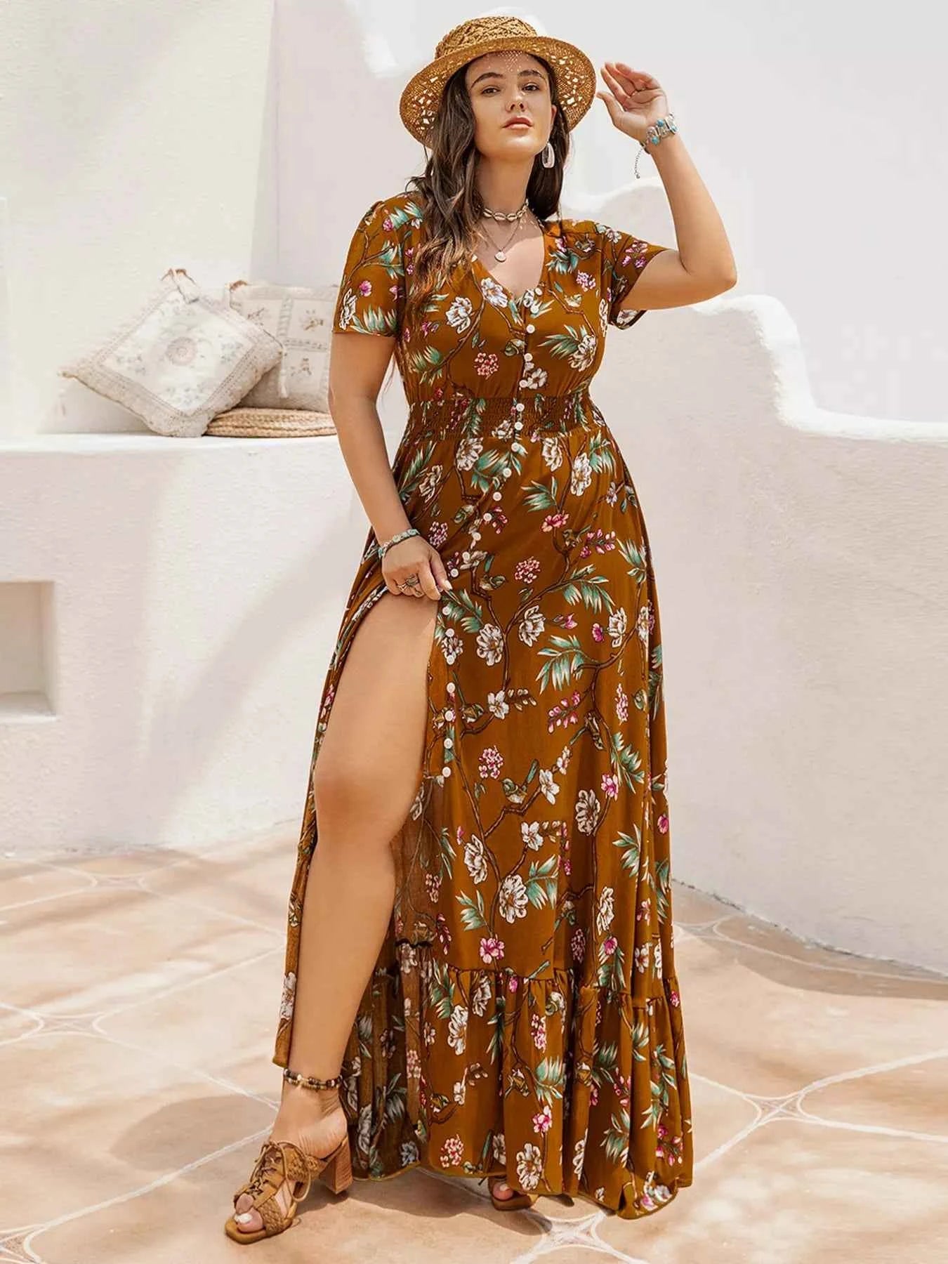 Plus Size Floral V-Neck Short Sleeve Dress b85567f1-aac9-4942-b6d2-11cd3c96c691-Max-Origin