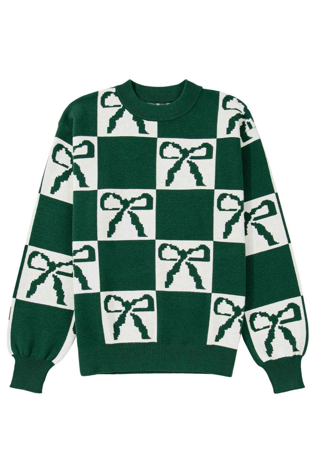 Blackish Green Bow Print Checkered Knit Sweater b859e113a45a5fef