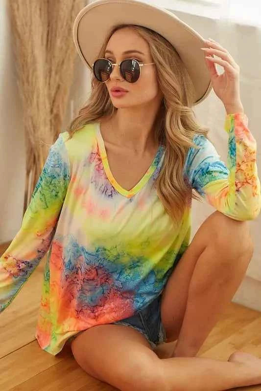 BiBi Tie Dye Long Sleeve V-Neck T-Shirt b866672406b14a338b72f33f08d67c35-Max-Origin