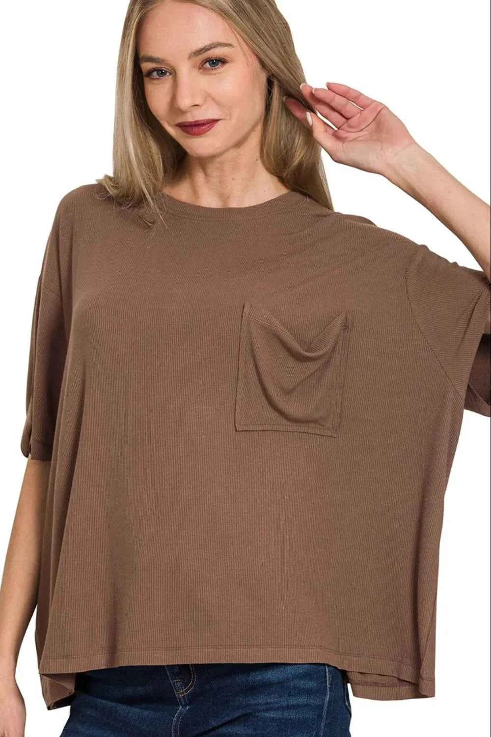 Zenana Oversized Ribbed Round Neck Short Sleeve Tee BROWN b869c782-bba7-4829-a61b-f8222f1ab645-Max-Origin