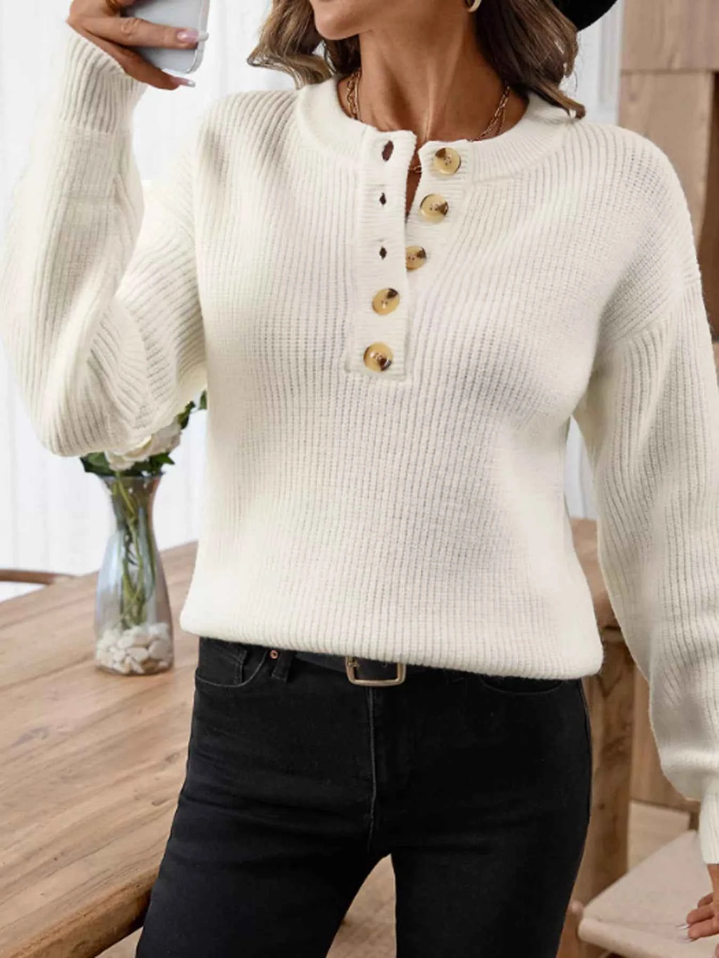 Button Detail Long Sleeve Sweater b896e77ab9524c2db5690e6edd6bf4a7-Max-Origin