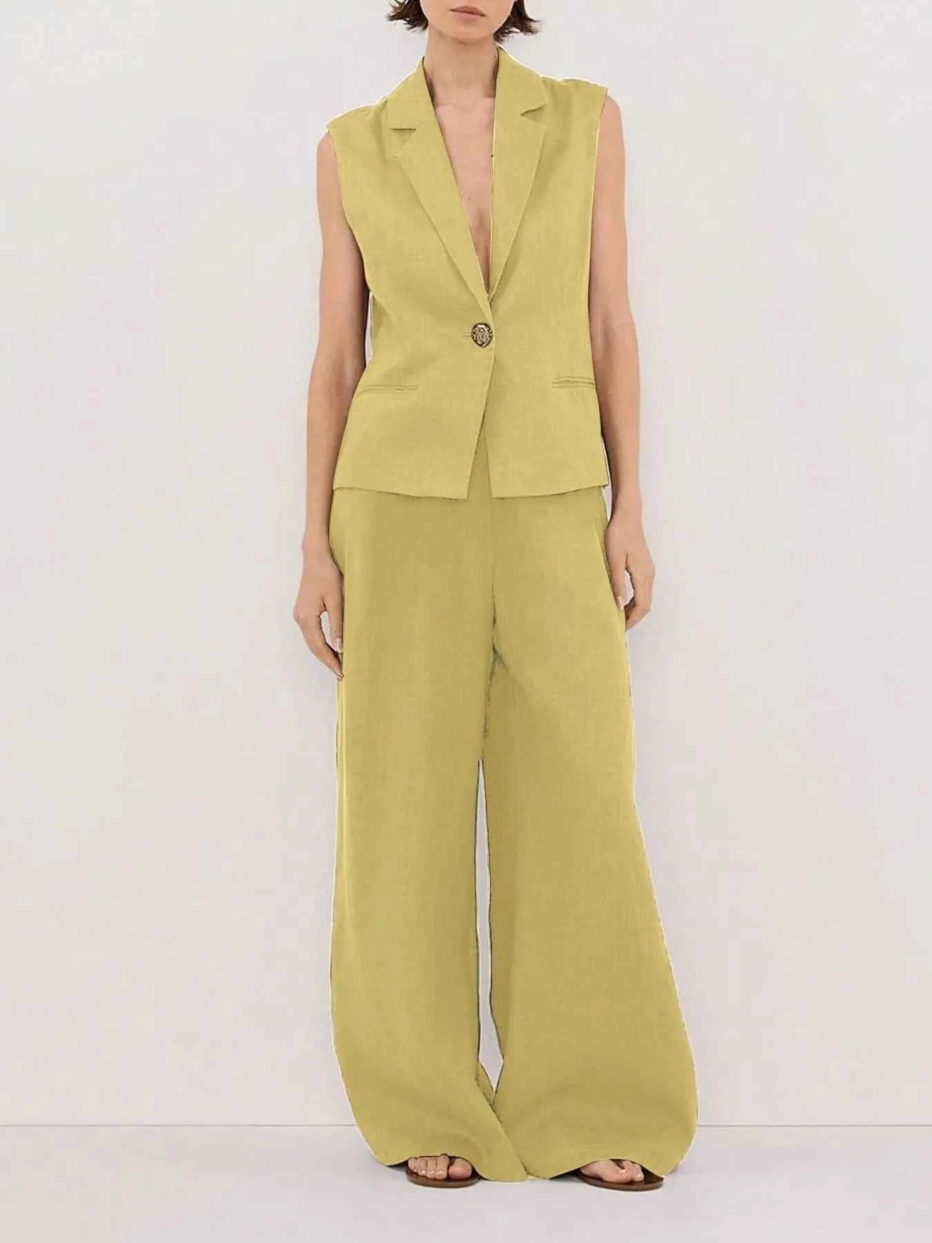 One Button Sleeveless Top and Pants Set Yellow b8984bc8-ceea-4e87-abc3-ab014daa96c9-Max-Origin
